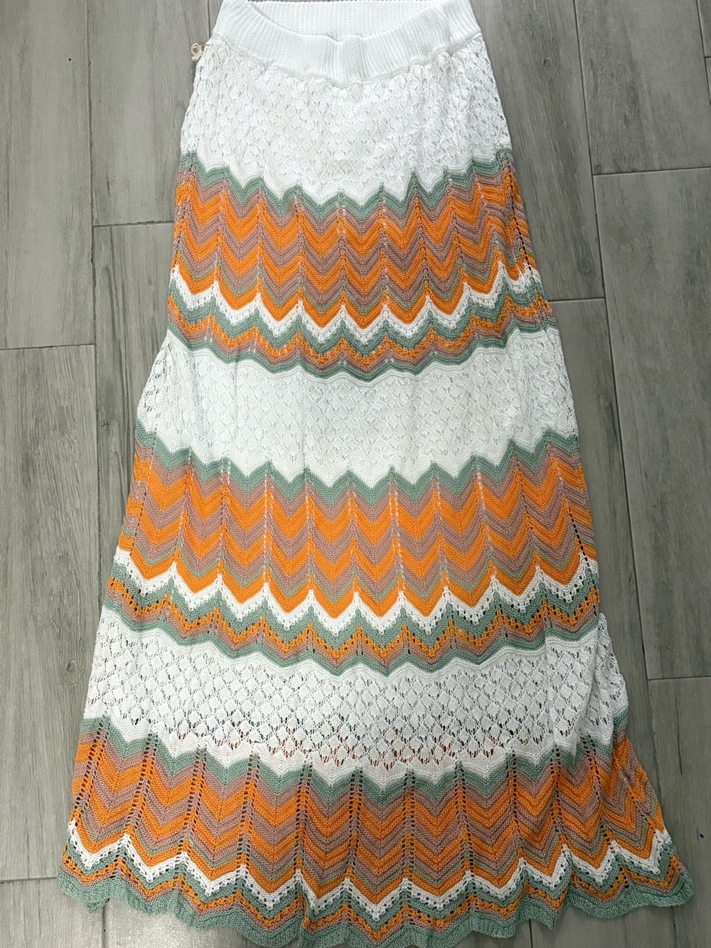 Crocheted Zigzag full length skirt with Orange, White, light purple & Sage
